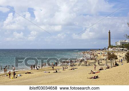 Stock Photo - "Beach and lighthouse of Maspalomas, Maspalomas, Gran Canaria, Spain, Europe". Fotosearch