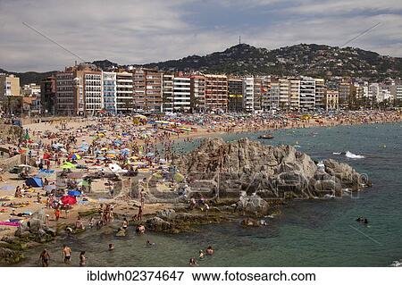 Stock Photo - "Beach and town of Lloret de Mar, Costa Brava, Catalonia, Spain, Europe, PublicGround, Europe". Fotosearch