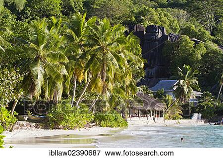 "Beach at Anse Takamaka with a restaurant and Villas Chez Batista, Mahe Island, Seychelles, Africa, Indian Ocean, Africa" View Large Photo Image Stock Photo - "Beach at Anse Takamaka with a restaurant and Villas Chez Batista, Mahe Island, Seychelles, Africa, Indian Ocean, Africa". Fotosearch