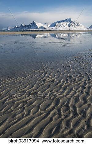 Picture - "Beach at low tide, at Fredvang, Lofoten, Norway, Europe". Fotosearch