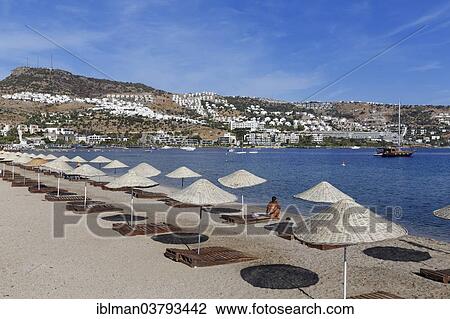 Stock Image - "Beach in Gundogan, Bodrum Peninsula, Bodrum, Mugla province, Aegean Region, Turkey, Asia". Fotosearch
