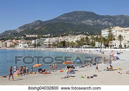 Stock Image - "Beach, Menton, French Riviera, Provence-Alpes-Cote d'Azur, France, Europe". Fotosearch