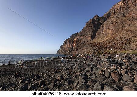 Stock Photograph - "Beach, Playa del Ingles, evening light, La Playa Calera, Valle Gran Rey, La Gomera, Canary Islands, Spain, Europe". Fotosearch