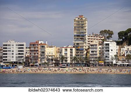 Stock Image - "Beach with hotels, Lloret de Mar, Costa Brava, Catalonia, Spain, Europe, PublicGround, Europe". Fotosearch