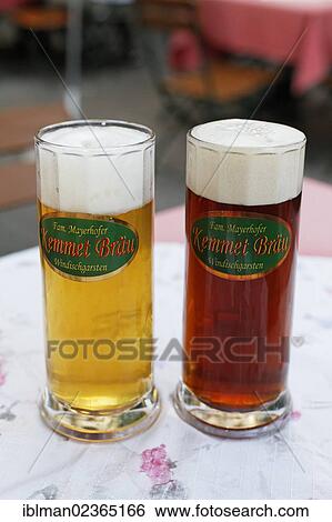 Stock Photograph - "Beer glasses from Kemmet Braeu, Gasthof Kemmetmueller inn, Windischgarsten, Pyhrn-Priel region, also known as Pyhrn-Eisenwurzen, Traunviertel district, Upper Austria, Austria, Europe". Fotosearch