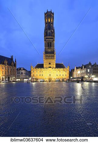 Picture - "Belfort or Belfry of Bruges, bell tower, Grote Markt, market square, historic centre, UNESCO World Heritage Site at night, Bruges, Flemish Region, Belgium, Europe". Fotosearch