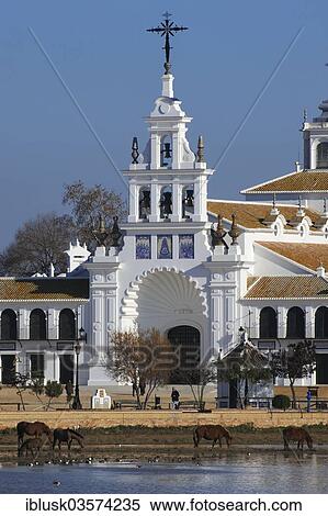 Stock Photography - "Belfry of the the pilgrim church Hermitage of El Rocio, El Rocio, Huelva province, Andalusia, Spain, Europe". Fotosearch