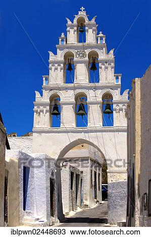 Stock Image - "Bell tower above a street at Megalohori, Santorini, Greece, Europe". Fotosearch