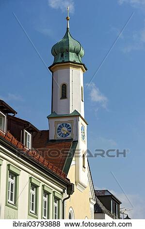 Stock Photo - "Bell tower, Maria-Hilf-Kirche church, Untermarkt, Murnau am Staffelsee, Upper Bavaria, Bavaria, Germany, Europe". Fotosearch