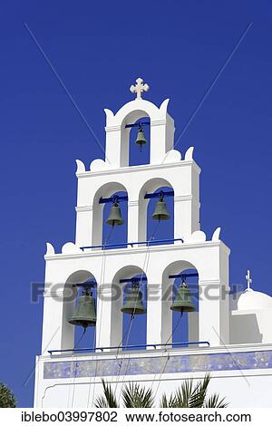 Stock Image - "Bell tower of a Byzantine Orthodox church, Oia, Santorini, Cyclades, Greece, Europe". Fotosearch