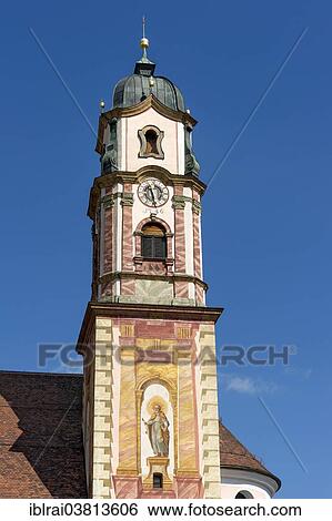 "Bell tower of the parish church of St. Peter and Paul with Luftlmalerei, Mittenwald, Werdenfelser Land, Upper Bavaria, Bavaria, Germany, Europe" View Large Photo Image Stock Photograph - "Bell tower of the parish church of St. Peter and Paul with Luftlmalerei, Mittenwald, Werdenfelser Land, Upper Bavaria, Bavaria, Germany, Europe". Fotosearch