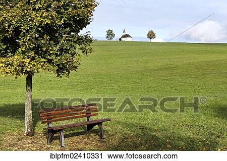 Stock Image - "Bench seat in landscape, Chiemgau, Upper Bavaria, Germany, Europe". Fotosearch