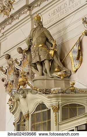 Stock Photograph - "Benedictine monastery of St. Emmeram, St. Emmeram's Abbey, papal basilica, Statue of Emperor Henry II, baroque interior by the Asam brothers, old town of Regensburg, Upper Palatinate, Bavaria, Germany, Europe". Fotosearch