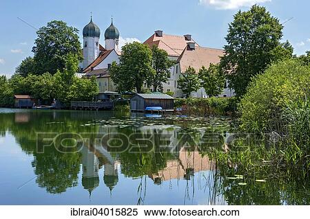 Stock Photography - "Benedictine monastery Seeon with monastery church of St. Lambert, Klostersee, Seebruck, Chiemgau, Upper Bavaria, Bavaria, Germany, Europe". Fotosearch