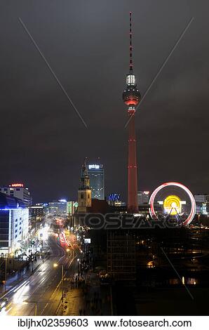 Stock Image - "Berlin at Christmas time with the Ferris wheel on the Christmas market, the television tower, Marienkirche church, the Park Inn Hotel and the Red Town Hall, night shot, Berlin, Germany, Europe". Fotosearch