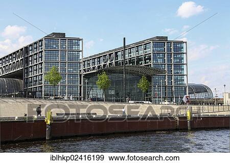 Stock Photo - Berlin central station, seen across the Spree river, banks of the Spree river, Berlin, Germany, Europe. Fotosearch