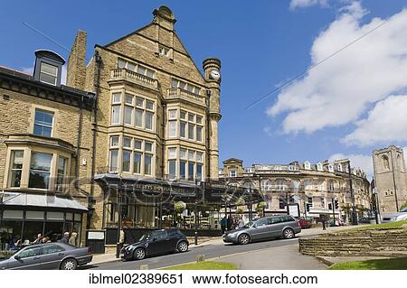 Stock Image - "Betty's Cafe and Tea Rooms viewed from Montpellier Square, Harrogate, North Yorkshire, England, United Kingdom, Europe". Fotosearch