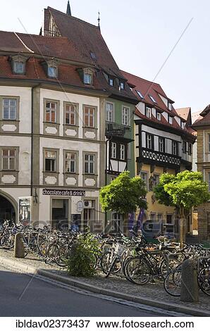 Stock Photo - "Bicycles parked in the historic centre, Bamberg, Franconia, Bavaria, Germany, Europe". Fotosearch