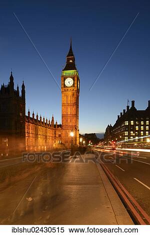 Stock Photography - "Big Ben clock tower, Palace of Westminster or Houses of Parliament, UNESCO World Heritage Site, at dusk, London, England, United Kingdom, Europe". Fotosearch