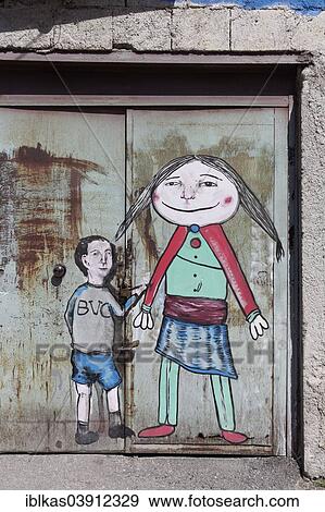 "Big schoolgirl holding little man's hand, mural in the historic quarter of Borg Vecchio, Palermo, Province of Palermo, Sicily, Italy, Europe" View Large Photo Image Stock Photo - "Big schoolgirl holding little man's hand, mural in the historic quarter of Borg Vecchio, Palermo, Province of Palermo, Sicily, Italy, Europe". Fotosearch