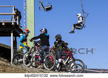 Bike park, downhill mountain bike trail at the Winterberg bobsleigh track, a converted ski lift is used to transport mountain bikers and their bikes up the mountain, Sauerland, North Rhine-Westphalia, Germany, Europe View Large Photo Image Stock Image - Bike park, downhill mountain bike trail at the Winterberg bobsleigh track, a converted ski lift is used to transport mountain bikers and their bikes up the mountain, Sauerland, North Rhine-Westphalia, Germany, Europe. Fotosearch