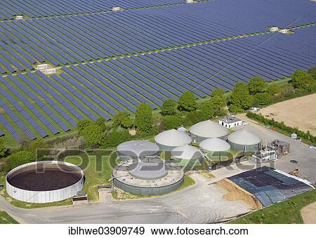Stock Photo - "Biogas plant plant and a solar array, two renewable energy systems, Elmenhorst, Lauenburg, Schleswig-Holstein, Germany, Europe". Fotosearch