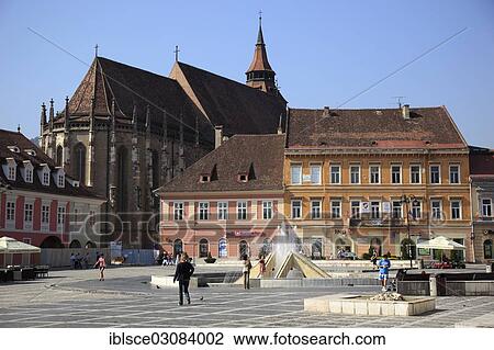Stock Image - "Black Church or Biserica Neagra on the market square or Pia? ¢a Sfatului, Brasov, Brasov County, Transylvania, Romania, Europe". Fotosearch