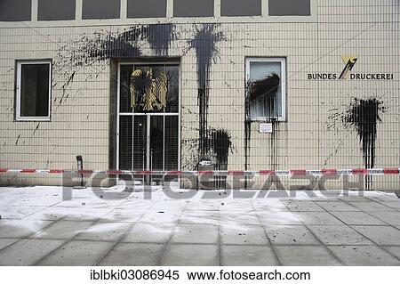 "Blobs of paint and broken windows on the Bundesdruckerei, Government Printing Office, after riots by leftist radicals during a demonstration against the International Police Congress, Berlin, Berlin, Berlin, Germany, Europe" View Large Photo Image Stock Photography - "Blobs of paint and broken windows on the Bundesdruckerei, Government Printing Office, after riots by leftist radicals during a demonstration against the International Police Congress, Berlin, Berlin, Berlin, Germany, Europe". Fotosearch