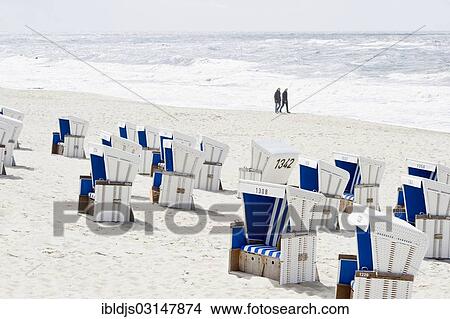 Picture - "Blue and white beach chairs, Westerland, Sylt, North Frisian Islands, Schleswig-Holstein, Germany, Europe". Fotosearch
