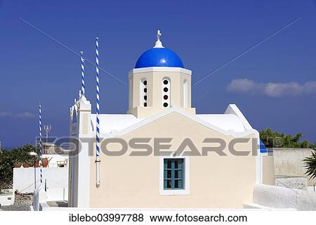 Stock Photo - "Blue dome of a Byzantine Orthodox church, Oia, Santorini, Cyclades, Greece, Europe". Fotosearch
