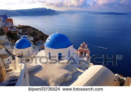 Picture - "Blue-domed Byzantine Orthodox churches, Oia, Santorini, Cyclades, Greece, Europe". Fotosearch