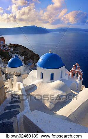 Stock Photo - "Blue-domed Byzantine Orthodox churches, Oia or Ia, Santorini, Cyclades, Greece, Europe". Fotosearch