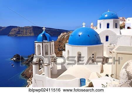"Blue domed Byzantine Orthodox churches, Oia, Ia, Santorini, Cyclades Islands, Greece, Europe" View Large Photo Image Stock Photograph - "Blue domed Byzantine Orthodox churches, Oia, Ia, Santorini, Cyclades Islands, Greece, Europe". Fotosearch