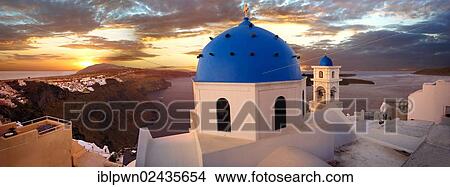 Picture - "Blue domed church of Imerovigli, Santorini, Greece, Europe". Fotosearch