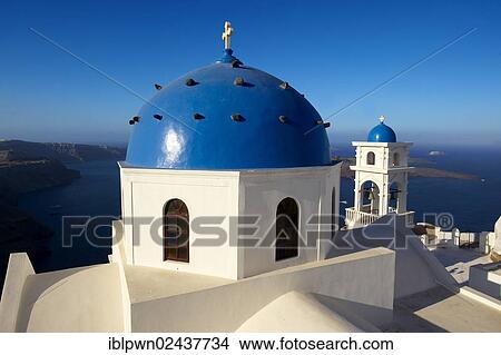Picture - "Blue domed church of Imerovigli, Santorini, Greece, Europe". Fotosearch