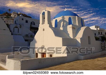 Stock Photo - "Blue domed white Byzantine Greek Orthodox Chapel of Panaghia Gremiotissa, Chora, Hora, Ios, Cyclades Islands, Greece, Europe". Fotosearch