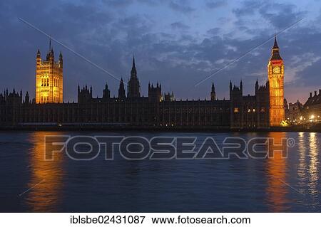 Stock Photo - "Blue Hour, Big Ben, Westminster Palace, Houses of Parliament at dusk, Unesco World Heritage Site, London, England, United Kingdom, Europe". Fotosearch