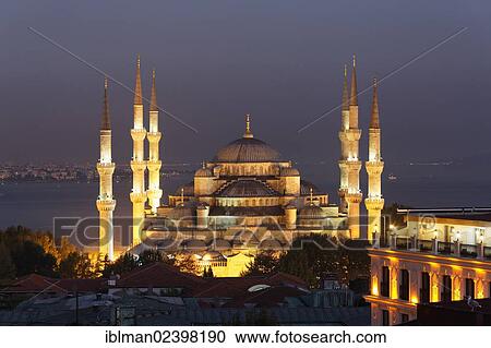 Stock Image - "Blue Mosque, Sultan Ahmed Mosque or Sultanahmet Camii, at dusk, Istanbul, european side, Turkey, Europe, Asia". Fotosearch