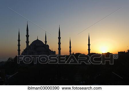 Stock Image - "Blue Mosque, Sultan Ahmed Mosque or Sultanahmet Camii, silhouette at sunset, Istanbul, European side, Istanbul Province, Turkey, European side, Europe". Fotosearch