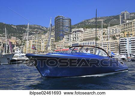 Stock Image - "Blue motorboat, Monaco Yacht Show 2012, Port Hercule, Principality of Monaco, Cote d'Azur, Mediterranean Sea, Europe". Fotosearch