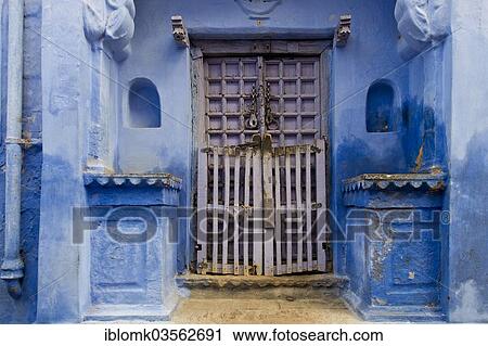 Stock Image - "Blue painted house facade, entrance, Bundi, Rajasthan, India, Asia". Fotosearch
