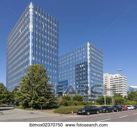 Stock Image - "Blue Towers, Lyoner Strasse street, Niederrad business district, Frankfurt am Main, Germany, Europe, PublicGround, Europe". Fotosearch