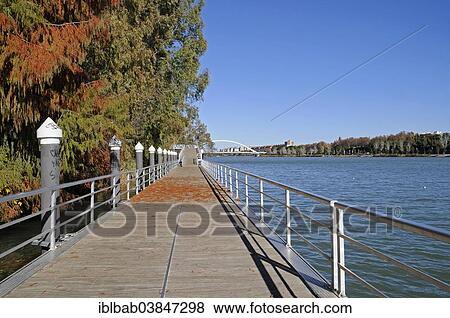 "Boardwalk, promenade on the Guadalquivir river, Puente de la Barqueta bridge at the back, Seville, Andalusia, Spain, Europe" View Large Photo Image Stock Photo - "Boardwalk, promenade on the Guadalquivir river, Puente de la Barqueta bridge at the back, Seville, Andalusia, Spain, Europe". Fotosearch
