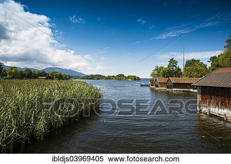 Stock Photography - "Boat houses at Staffelsee Lake, Seehausen, Upper Bavaria, Bavaria, Germany, Europe". Fotosearch