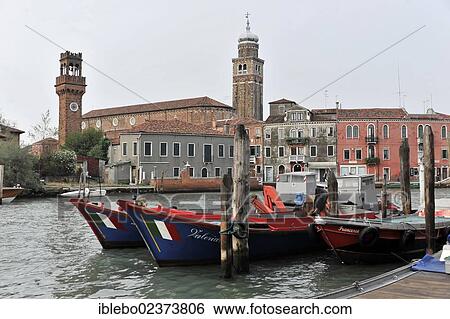Stock Photograph - "Boats at the jetty, the island of Murano, Venice, Veneto, Italy, Europe". Fotosearch