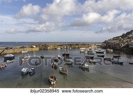 Stock Photography - "Boats in the harbor of Mousehole, Cornwall, England, Great Britain, Europe". Fotosearch
