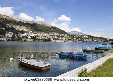 Stock Photo - "Boats, Lake St. Moritz, Engadine Lakes, St. Moritz, Upper Engadin, Canton of Graubunden, Switzerland, Europe". Fotosearch