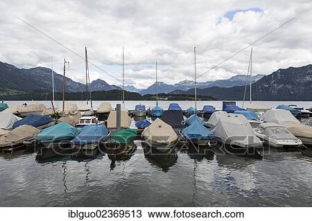 Stock Image - "Boats on Lake Lucerne in Meggen, Lucerne, Switzerland, Europe". Fotosearch