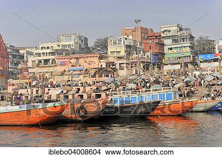 Picture - "Boats on the Ganges, Varanasi, Benares, Uttar Pradesh, India, Asia". Fotosearch