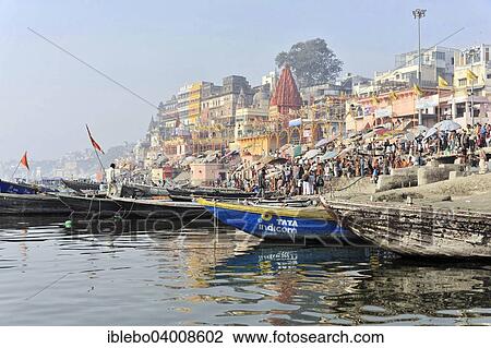 Stock Image - "Boats on the Ganges, Varanasi, Benares, Uttar Pradesh, India, Asia". Fotosearch